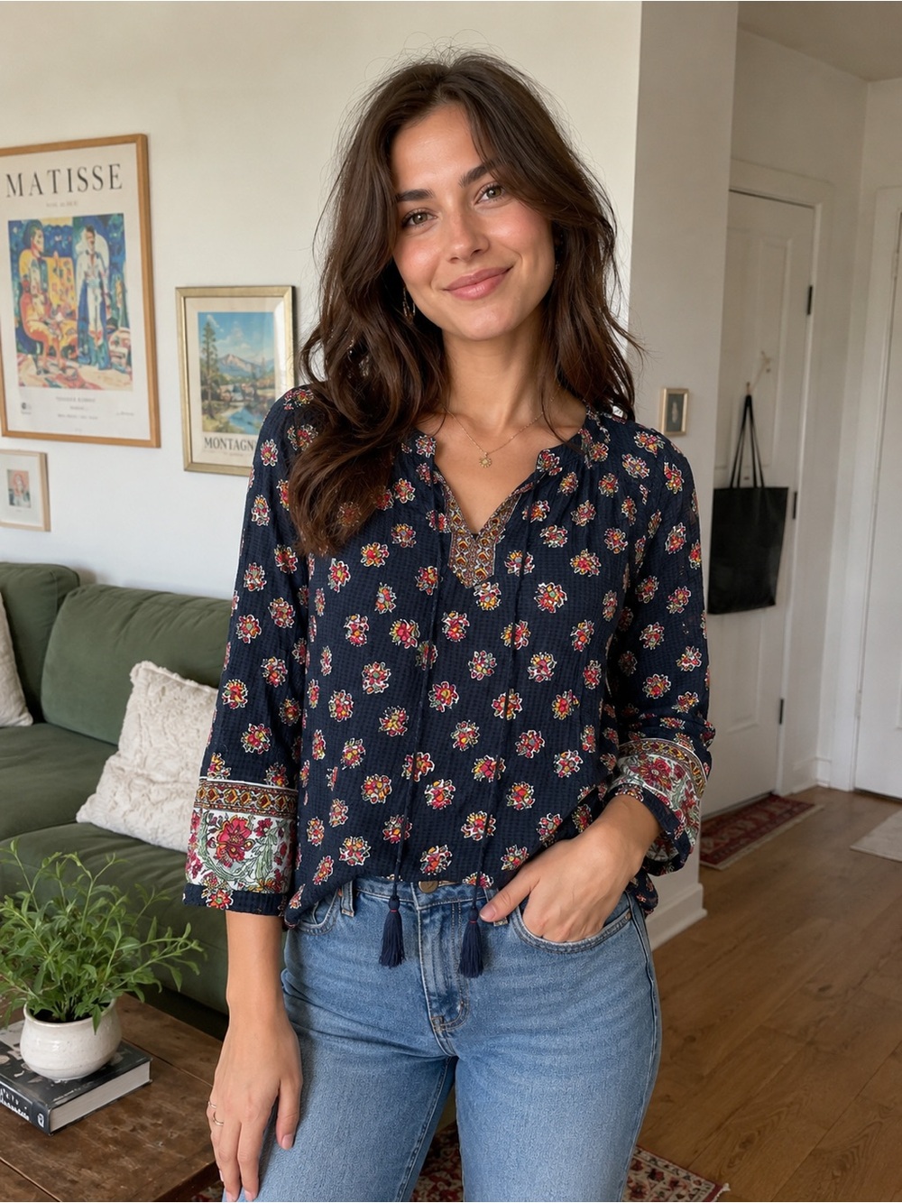 LOFT Navy Floral Tassel Tunic